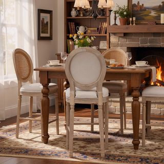 Sunvega French Style Solid Wood Frame Linen Fabric Oval Back Dining Chairs Set of 2