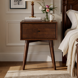 Sunvega Mid-Century Modern Solid Wood Night Stand with Tapered Legs and Drawer