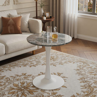 Sunvega Round White Pedestal Side Table with Marble Effect Top for Living Room