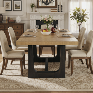 Sunvega Caramel and Cocoa Trestle Dining Table with Black Base and Easy Leaf