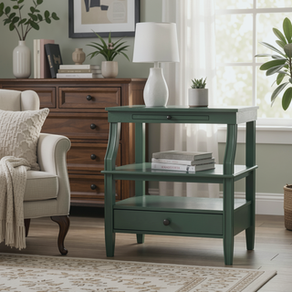Sunvega Vintage Green Storage Nightstand with Drawer and Pull Out Tray