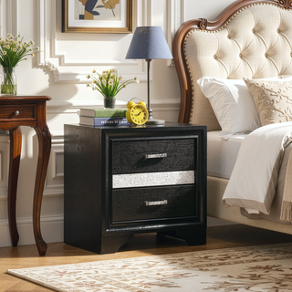 Sunvega White 2-Drawer Nightstand with Rhinestone Pulls and Hidden Jewelry Tray