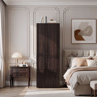 Sunvega Three-Door Freestanding Closet with Hanging Rod and Shelves for Bedroom