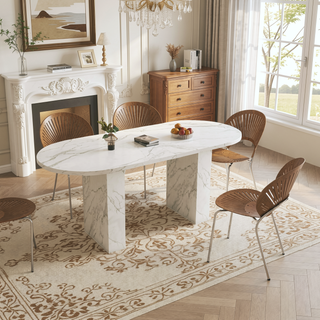 Sunvega Modern Farmhouse Oval Dining Table with Realistic Marble Top for 6