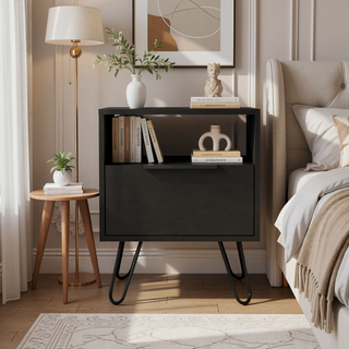 Sunvega Black Nightstand with Hairpin Legs, Open Shelf, and Single Door Cabinet