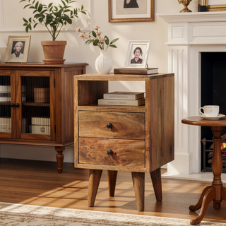 Sunvega Mini Classic Oak-ish Nightstand with Two Drawers and Nordic Legs