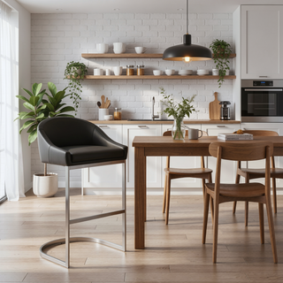 Sunvega Brushed Stainless Steel Bar Stool with Black Faux Leather Upholstery