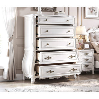 Sunvega Modern Style 5-Drawer Chest with Ornate Carvings in Pearl White