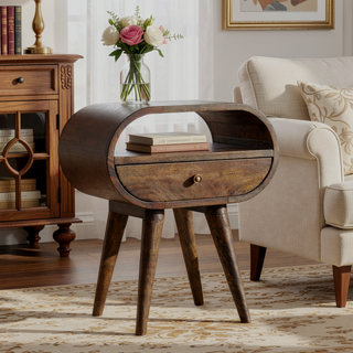 Sunvega Solid Wood Grey Washed Circular Bedside Table with 1 Drawer and Open Slot