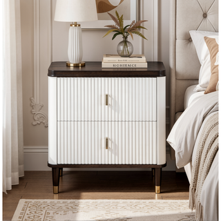 Sunvega White and Brown 2-Drawer Nightstand with USB Port for Bedroom