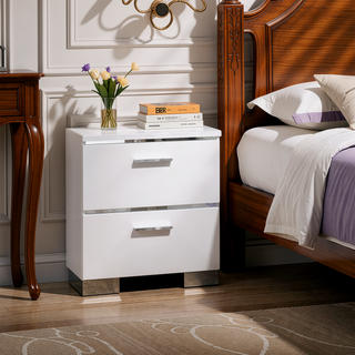 Sunvega Contemporary Wood and Metal Nightstand with 2 Drawers in White and Silver