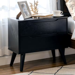 Sunvega Mid-Century Modern Black Solid Wood Nightstand with 2 Drawers and Round Tapered Legs