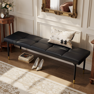Sunvega 47 Inch Multifunctional Black Shoe Bench with Faux PU Cushion and Gold Accents