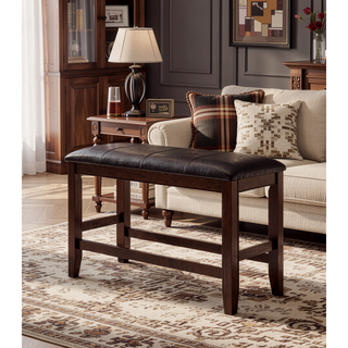 Sunvega Farmhouse Style Espresso Brown Faux Leather Upholstered Bench with Footrest