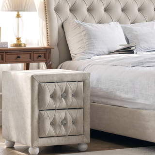 Sunvega Beige Fabric Nightstand with Two 10 by 13 by 5 Inch Storage Drawers