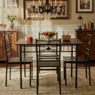 Sunvega 5-Piece Dining Set with Walnut Tabletop and Dark Bronze Crisscross Base