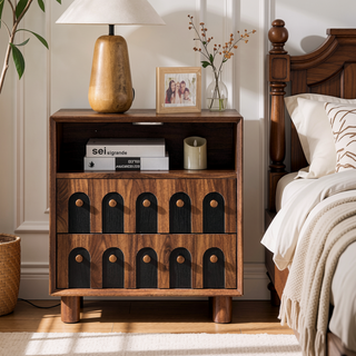 Sunvega Modern Nightstand with Charging Station, 2 Drawers and Curved Mirror Design for Bedroom