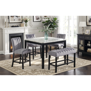 Sunvega Transitional Dining Table with Faux White Marble Top and Black Wood Base