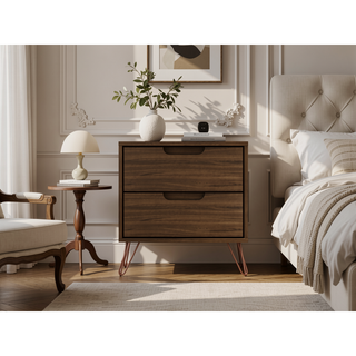 Sunvega Mid-Century Modern Nightstand with Spacious Drawers and Metal Legs