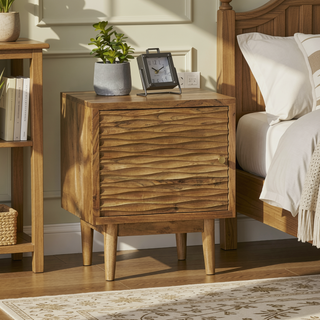 Sunvega Handcrafted Acacia Wood Boho Nightstand with One-Door Cabinet Storage