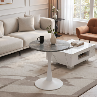 Sunvega Round White Pedestal Side Table with Marble Effect Top for Living Room