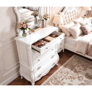 Sunvega Modern Style 5-Drawer Chest with Ornate Carvings in Pearl White