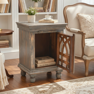 Sunvega Antique Grey Wood Nightstand with Carved Pattern for Bedroom