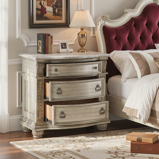 Sunvega Glamorous Vintage Nightstand with Marble Top and Three Drawers