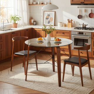 Sunvega Contemporary Round Walnut Wood Tripod Dinette Table with Tempered Glass Top