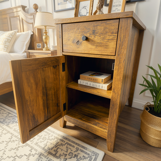 Sunvega Farmhouse End Table with Charging Station, Barn Door, and Drawer for Bedroom