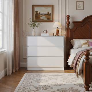 Sunvega White Three Drawer Dresser with Pull Out Mechanism and Metal Rails