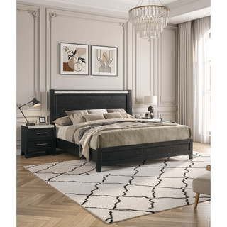Sunvega Modern Nightstand with Faux Marble Top Two Drawers Black Finish
