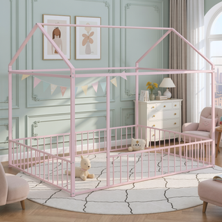 Sunvega Full Size Playhouse Metal Bed Frame with Fence for Kids and Teens