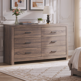 Sunvega Six-Drawer Dresser in Coastal White with Dark Bronze Handles for Bedroom