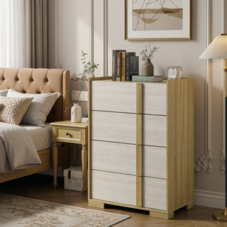 Sunvega Natural Wood and White Melamine Four-Drawer Chest for Modern Bedrooms