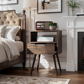 Sunvega Superior Top Dark Walnut Nightstand with Open Shelf and Drawer