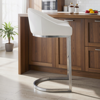 Sunvega Brushed Stainless Steel Bar Stool with White Faux Leather Upholstery