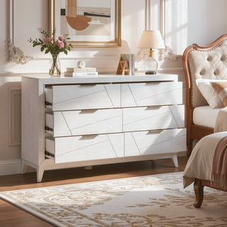 Sunvega Antique White Finish Oak Veneer Dresser with 6 Dovetail Storage Drawers