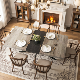 Sunvega Antique Wood Top Rectangular Stretch Dining Table with Storage Box and Black Iron Base