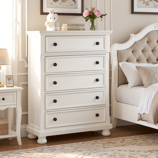 Sunvega White Finish 5 Dovetail Drawers Chest with Antique Bronze Knobs