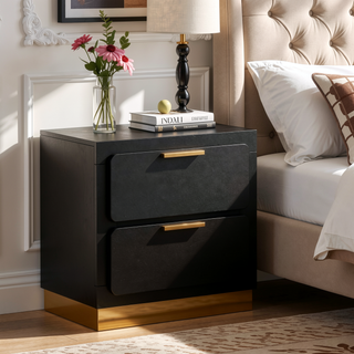 Sunvega Modern Black Nightstand with Two Drawers and Gold Accents