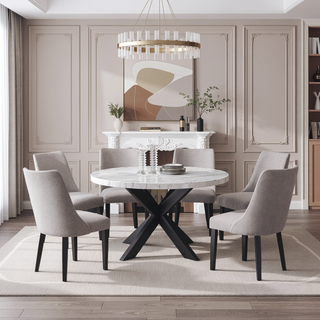 Sunvega White Marble Veneer Top Round Dining Table with Ebony Wood Frame