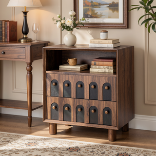 Sunvega Modern Nightstand with Charging Station, 2 Drawers and Curved Mirror Design for Bedroom