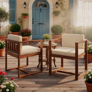 Sunvega Set of 2 Acacia Wood Armchairs with Beige Cushion for Patio Dining