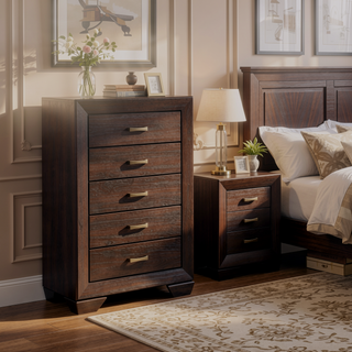 Sunvega Dark Cocoa 5-Drawer Chest with Sleek Tapered Legs for Modern Style