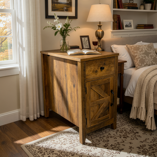 Sunvega Farmhouse End Table with Charging Station, Barn Door, and Drawer for Bedroom