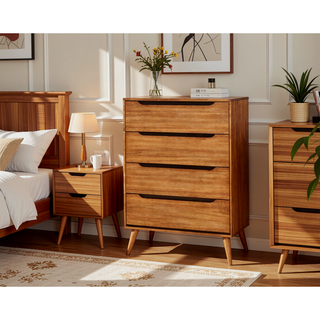 Sunvega Mid-Century Modern Black Chest with 4 Recessed Handle Drawers and Tapered Legs