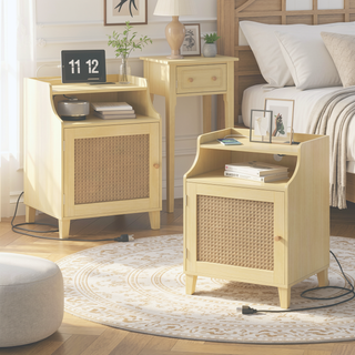 Sunvega Farmhouse Nightstand Set with Charging Station and Rattan Door for Bedroom