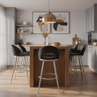 Sunvega Swivel Counter Stool with Black Faux Leather Upholstery and Brushed Stainless Steel