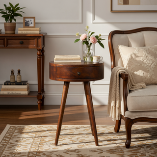 Sunvega Nordic Chestnut Circular Nightstand with 1-Drawer and Clean Lines